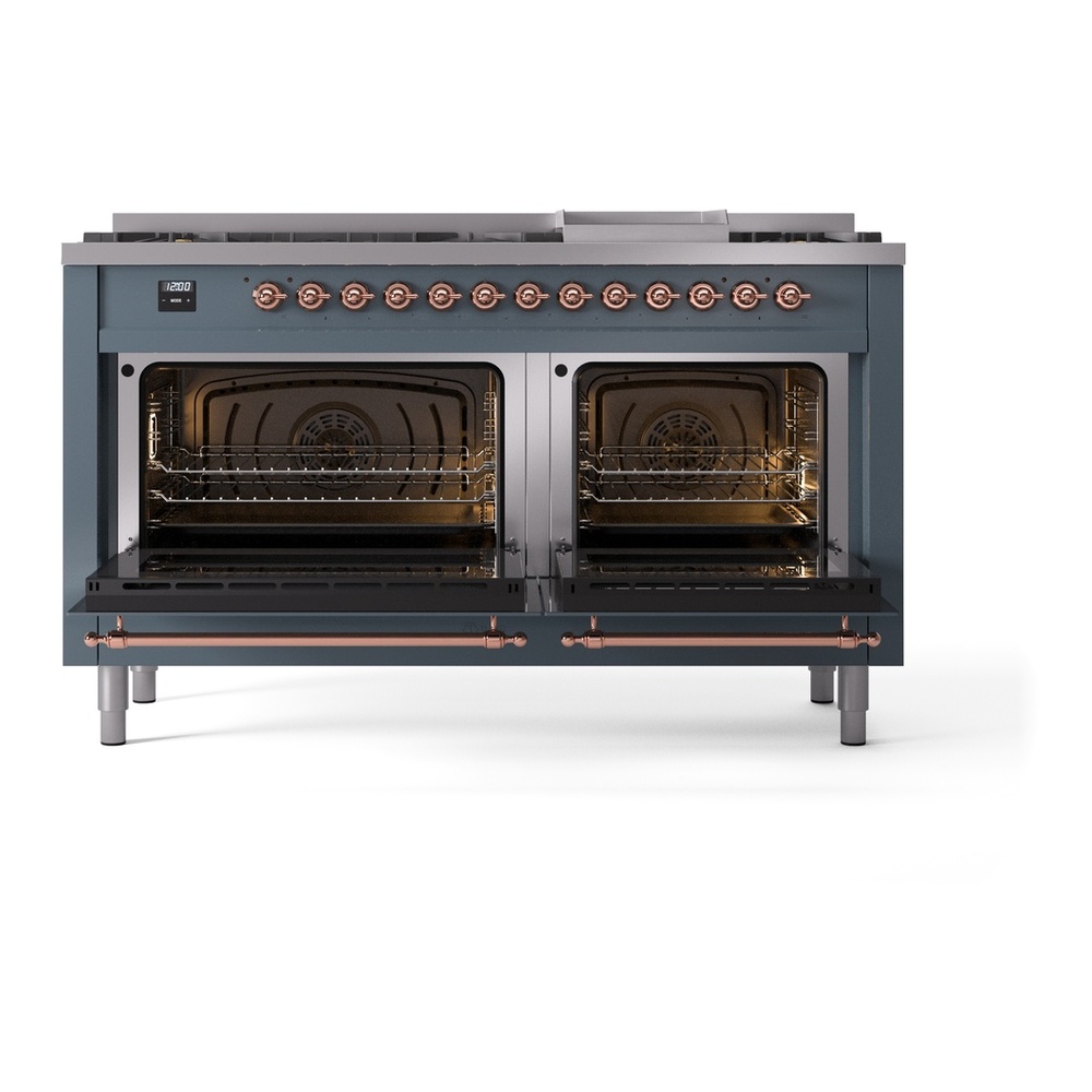 ILVE UP60FNMPBGPLP Nostalgie II 60 inch Dual Fuel Range with 5.8 cu. ft. Total Double Oven Capacity (9 Sealed Burners + Griddle, Liquid Propane, Triple Glass Door, Blue Grey, Copper) 6 ILVE UP60FNMPBGPLP Nostalgie II 60" Dual Fuel Range, oven doors opened