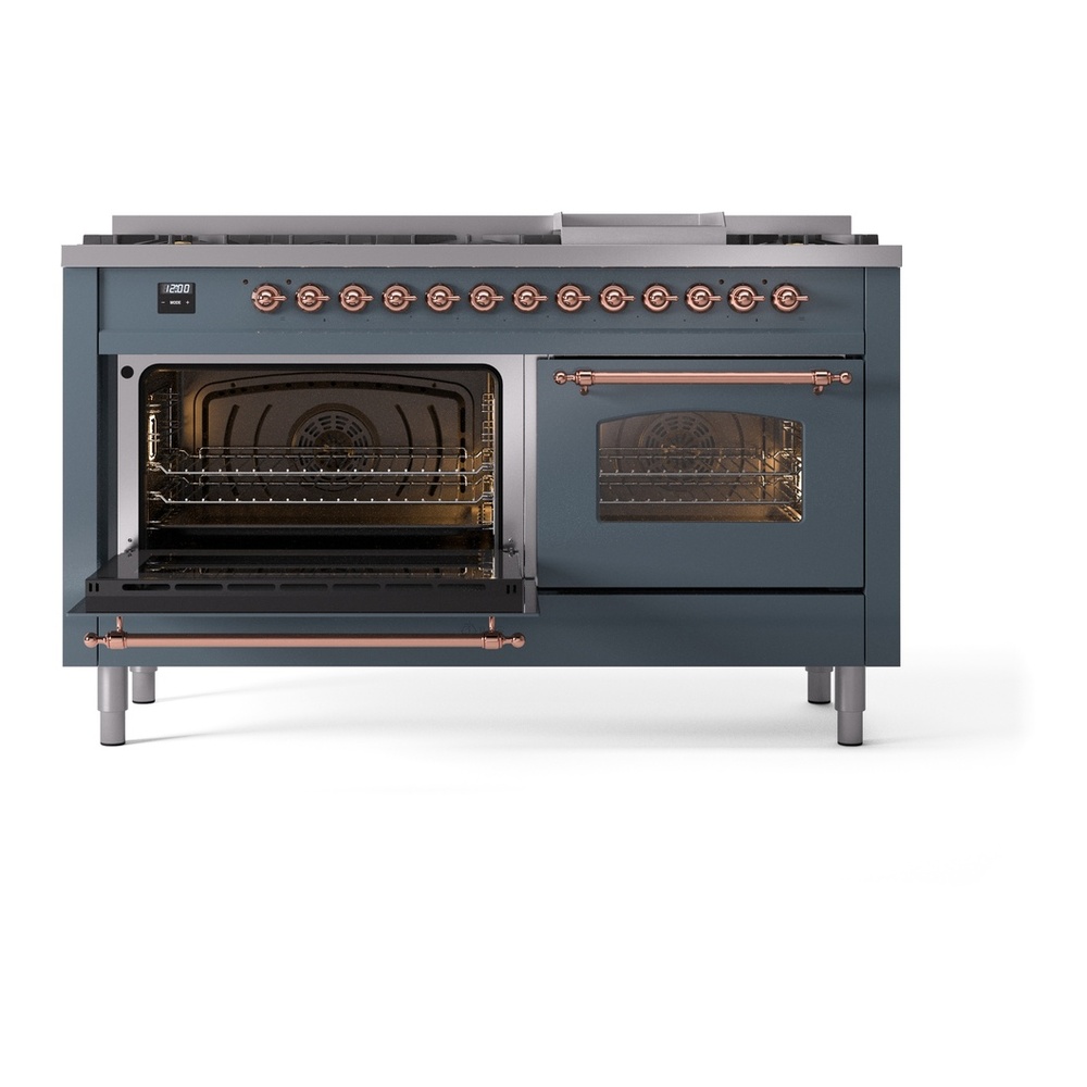 ILVE UP60FNMPBGPLP Nostalgie II 60 inch Dual Fuel Range with 5.8 cu. ft. Total Double Oven Capacity (9 Sealed Burners + Griddle, Liquid Propane, Triple Glass Door, Blue Grey, Copper) 7 ILVE UP60FNMPBGPLP Nostalgie II 60" Dual Fuel Range, main oven door opened