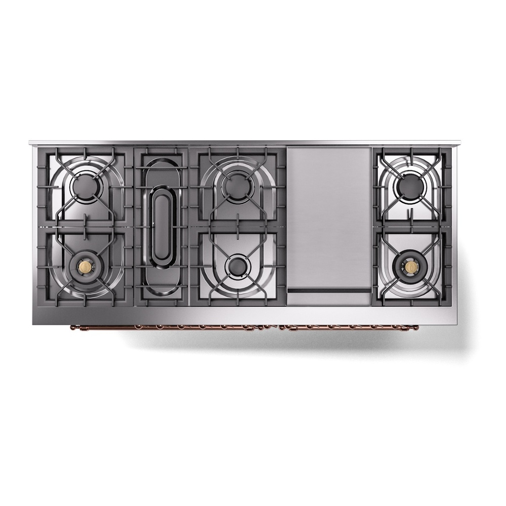 ILVE UP60FNMPBGPLP Nostalgie II 60 inch Dual Fuel Range with 5.8 cu. ft. Total Double Oven Capacity (9 Sealed Burners + Griddle, Liquid Propane, Triple Glass Door, Blue Grey, Copper) 11 ILVE UP60FNMPBGPLP Nostalgie II 60" Dual Fuel Range, top view