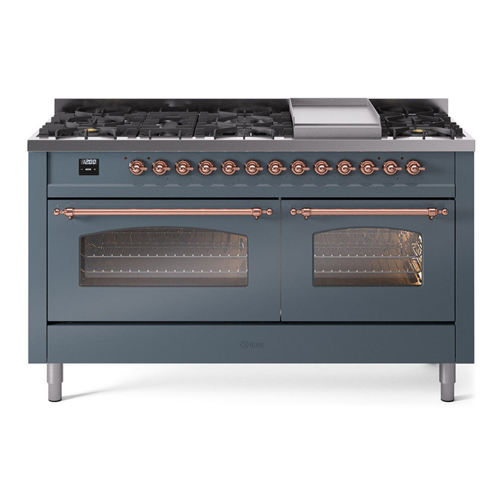 ILVE UP60FNMPBGP Nostalgie II 60 inch Dual Fuel Range with 5.8 cu. ft. Total Double Oven Capacity (9 Sealed Burners + Griddle, Natural Gas, Triple Glass Door, Blue Grey, Copper) 1 UP60FNMPBGP