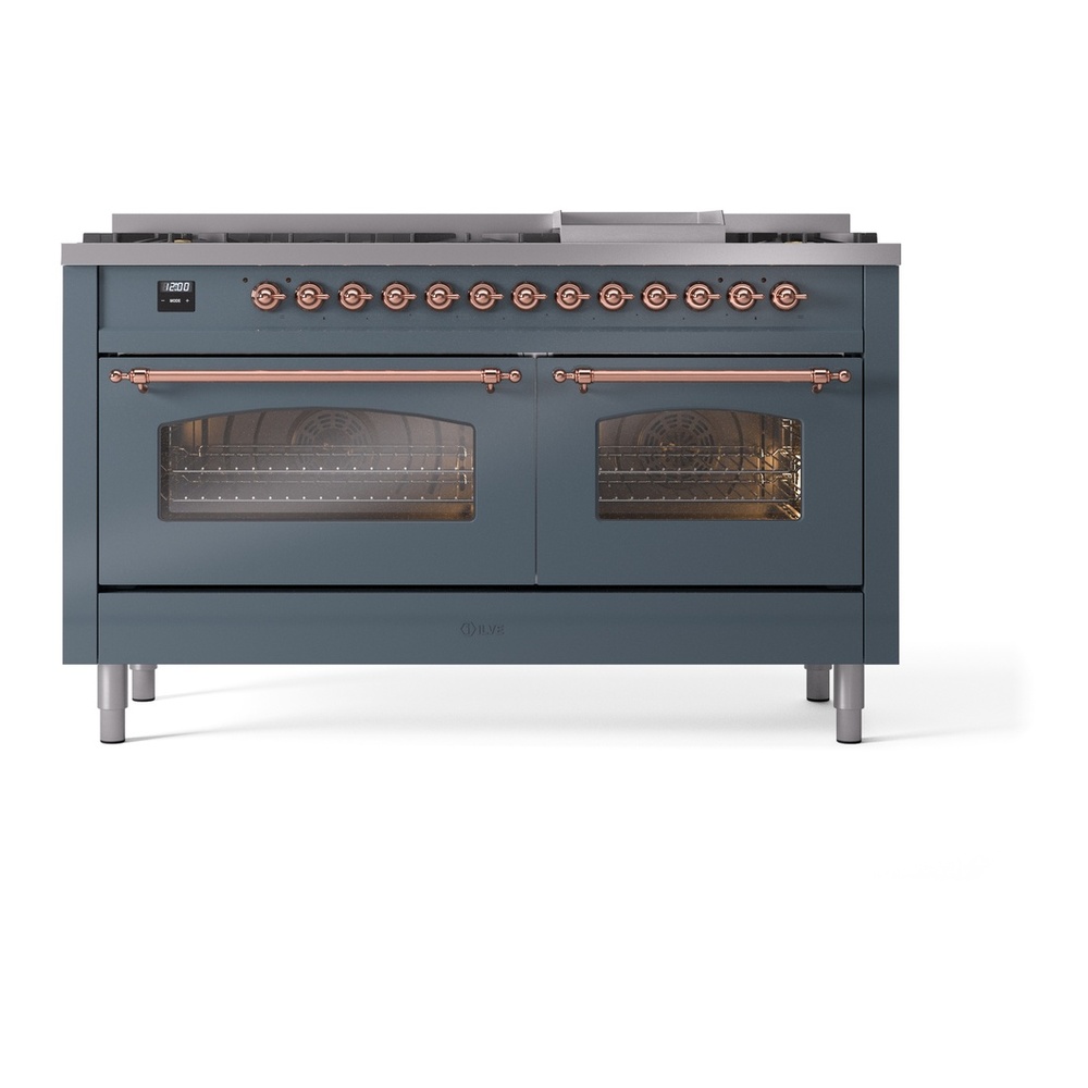 ILVE UP60FNMPBGP Nostalgie II 60 inch Dual Fuel Range with 5.8 cu. ft. Total Double Oven Capacity (9 Sealed Burners + Griddle, Natural Gas, Triple Glass Door, Blue Grey, Copper) 5 ILVE UP60FNMPBGP Nostalgie II 60" Dual Fuel Range, front view