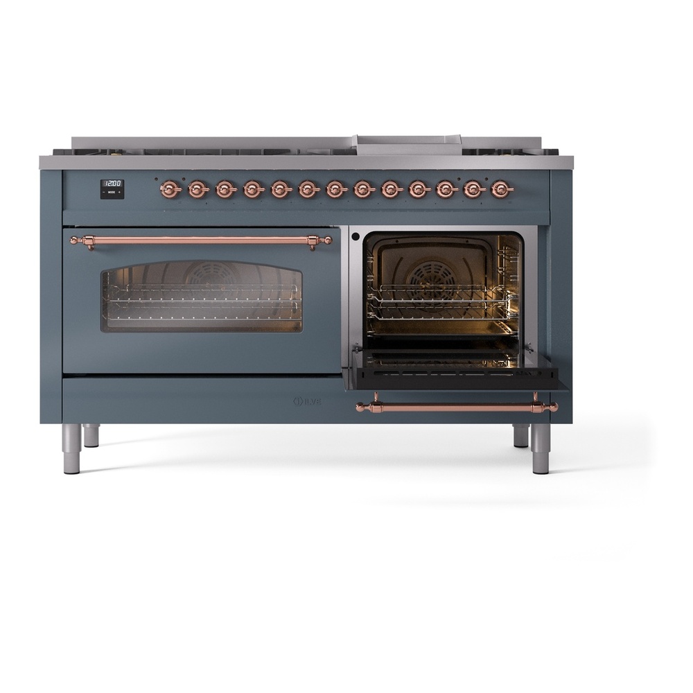 ILVE UP60FNMPBGP Nostalgie II 60 inch Dual Fuel Range with 5.8 cu. ft. Total Double Oven Capacity (9 Sealed Burners + Griddle, Natural Gas, Triple Glass Door, Blue Grey, Copper) 8 ILVE UP60FNMPBGP Nostalgie II 60" Dual Fuel Range, side oven door opened