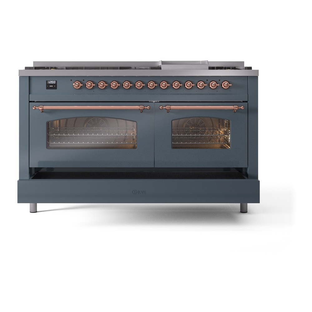 ILVE UP60FNMPBGP Nostalgie II 60 inch Dual Fuel Range with 5.8 cu. ft. Total Double Oven Capacity (9 Sealed Burners + Griddle, Natural Gas, Triple Glass Door, Blue Grey, Copper) 9 ILVE UP60FNMPBGP Nostalgie II 60" Dual Fuel Range, drawer opened