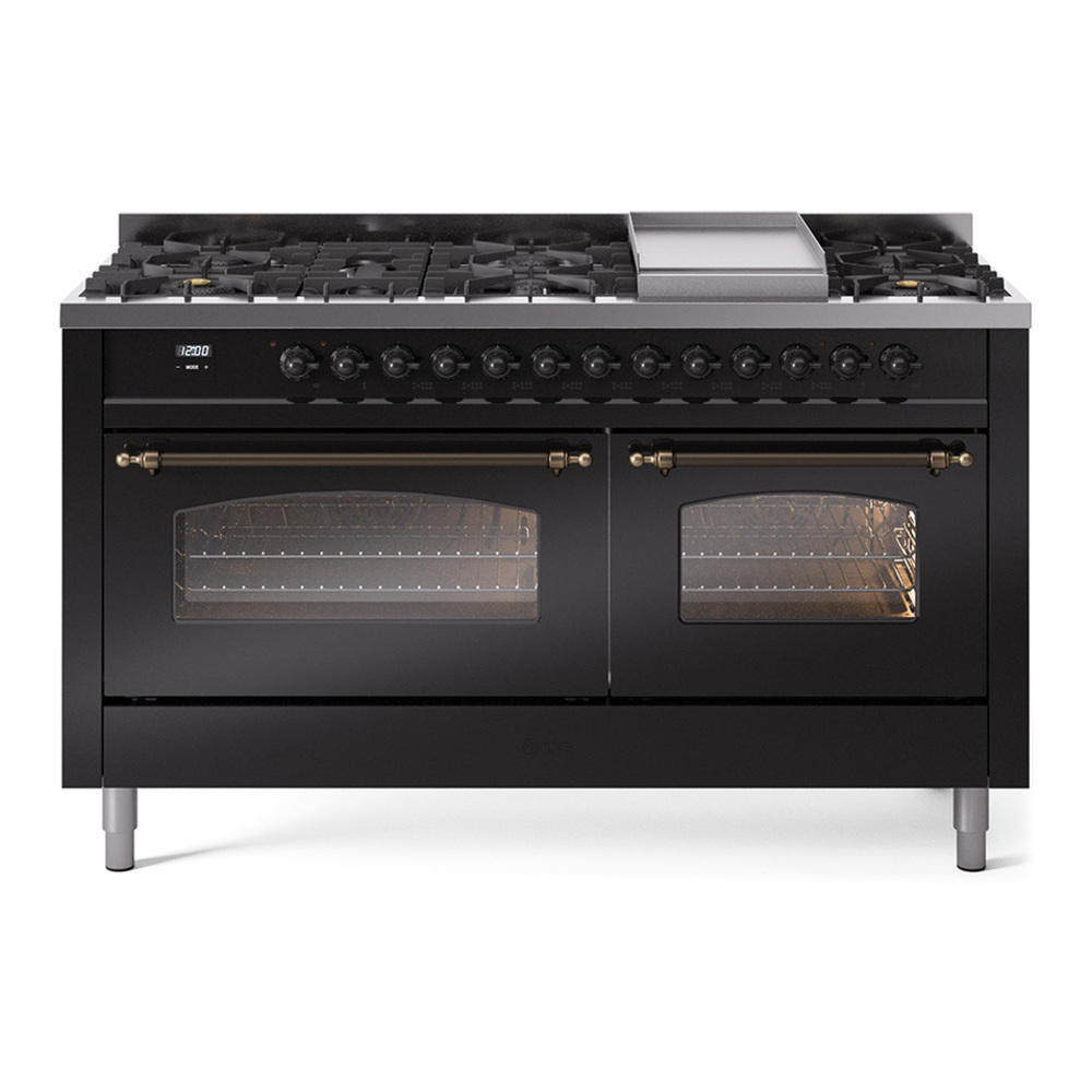 ILVE UP60FNMPBKBLP Nostalgie II 60 inch Dual Fuel Range with 5.8 cu. ft. Total Double Oven Capacity (9 Sealed Burners + Griddle, Liquid Propane, Triple Glass Door, Glossy Black, Burnished) 1 UP60FNMPBKBLP