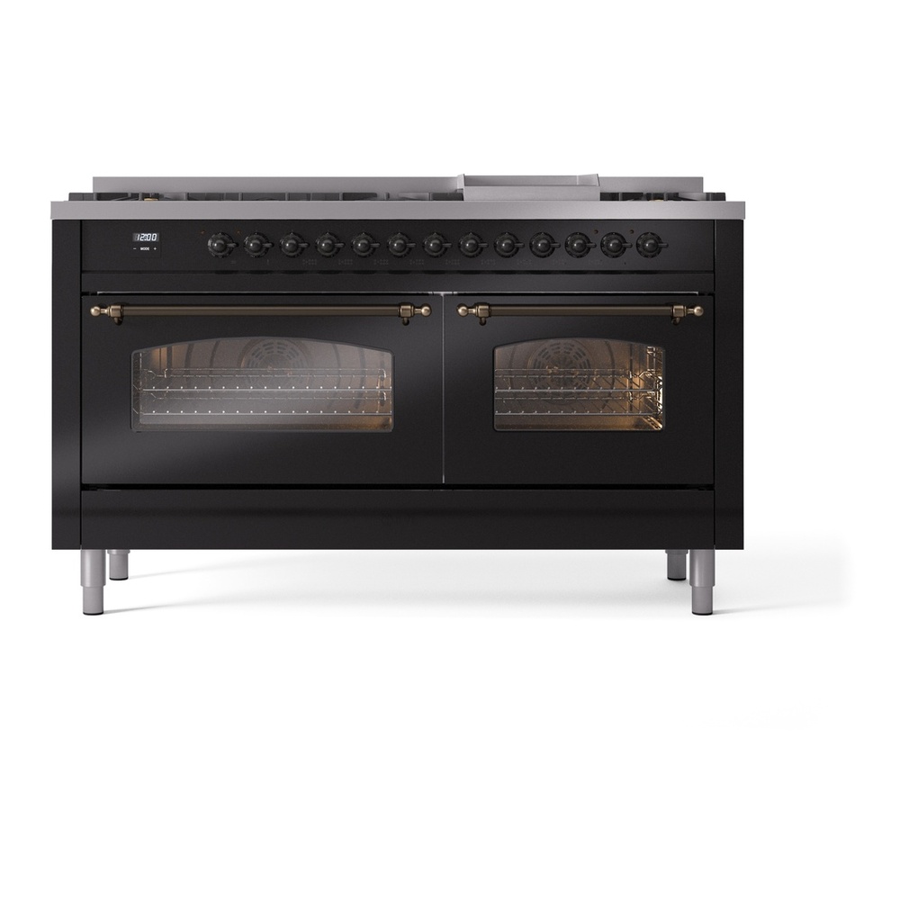 ILVE UP60FNMPBKBLP Nostalgie II 60 inch Dual Fuel Range with 5.8 cu. ft. Total Double Oven Capacity (9 Sealed Burners + Griddle, Liquid Propane, Triple Glass Door, Glossy Black, Burnished) 5 ILVE UP60FNMPBKBLP Nostalgie II 60" Dual Fuel Range, front view