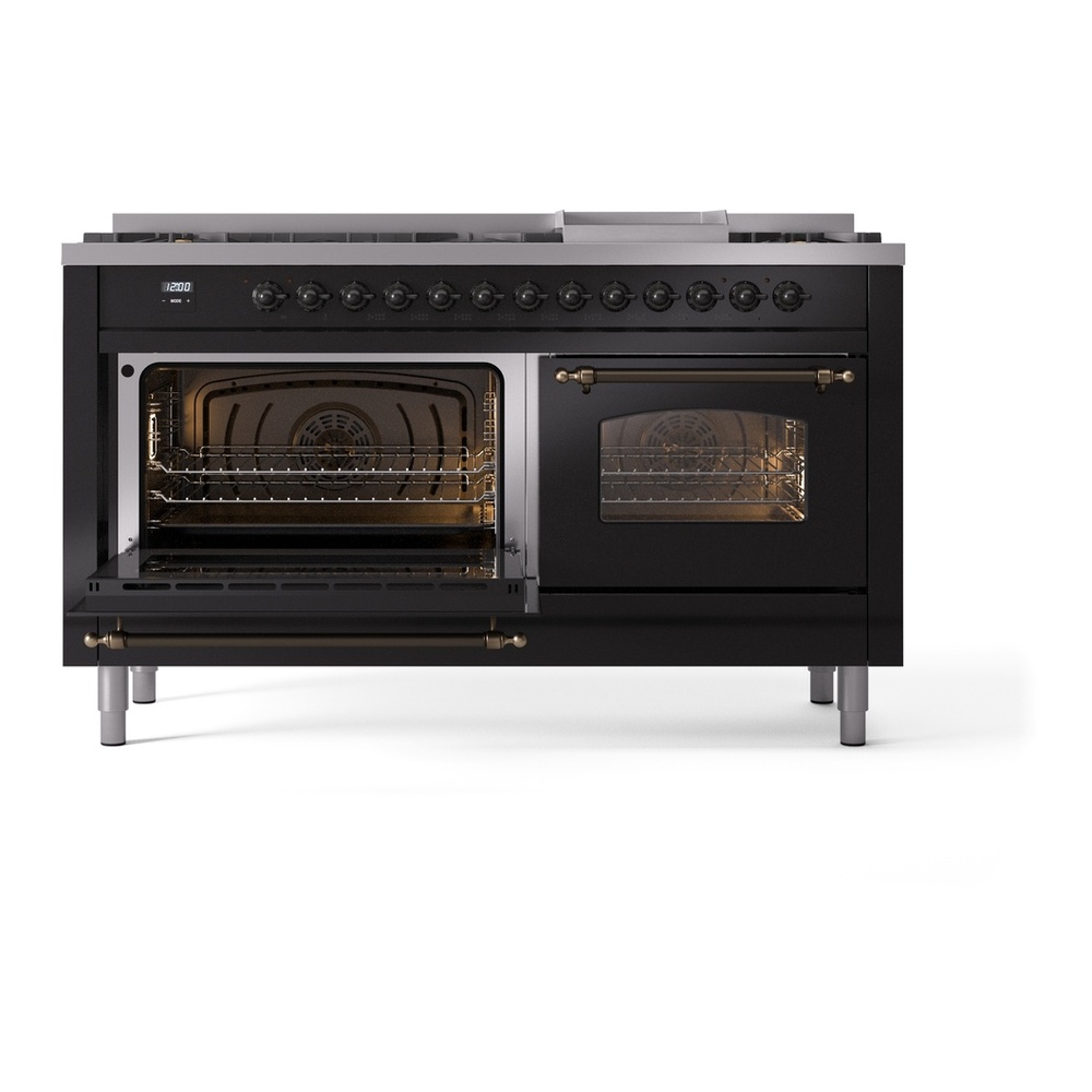 ILVE UP60FNMPBKBLP Nostalgie II 60 inch Dual Fuel Range with 5.8 cu. ft. Total Double Oven Capacity (9 Sealed Burners + Griddle, Liquid Propane, Triple Glass Door, Glossy Black, Burnished) 7 ILVE UP60FNMPBKBLP Nostalgie II 60" Dual Fuel Range, main oven door opened