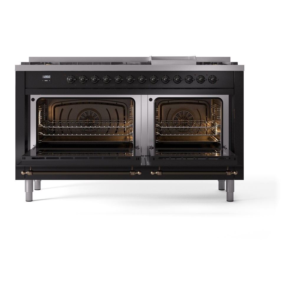 ILVE UP60FNMPBKB Nostalgie II 60 inch Dual Fuel Range with 5.8 cu. ft. Total Double Oven Capacity (9 Sealed Burners + Griddle, Natural Gas, Triple Glass Door, Glossy Black, Burnished) 6 ILVE UP60FNMPBKB Nostalgie II 60" Dual Fuel Range, oven doors opened