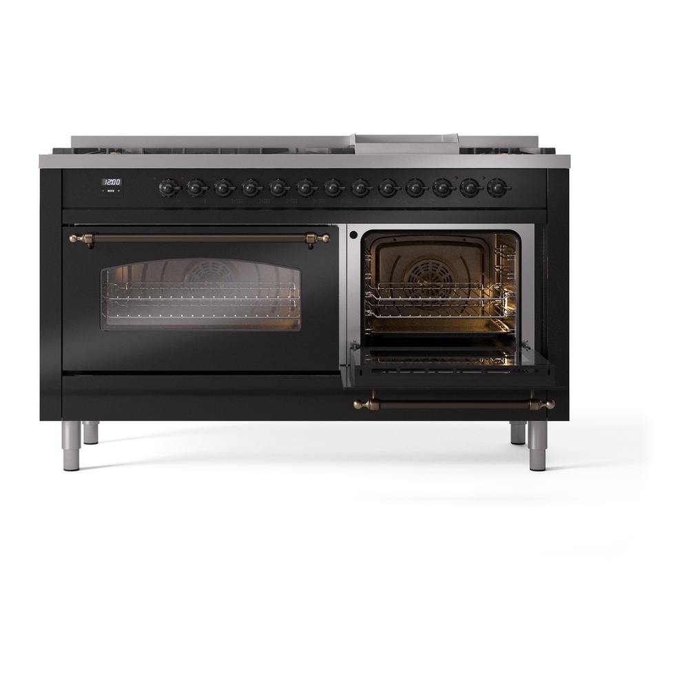 ILVE UP60FNMPBKB Nostalgie II 60 inch Dual Fuel Range with 5.8 cu. ft. Total Double Oven Capacity (9 Sealed Burners + Griddle, Natural Gas, Triple Glass Door, Glossy Black, Burnished) 8 ILVE UP60FNMPBKB Nostalgie II 60" Dual Fuel Range, side oven door opened