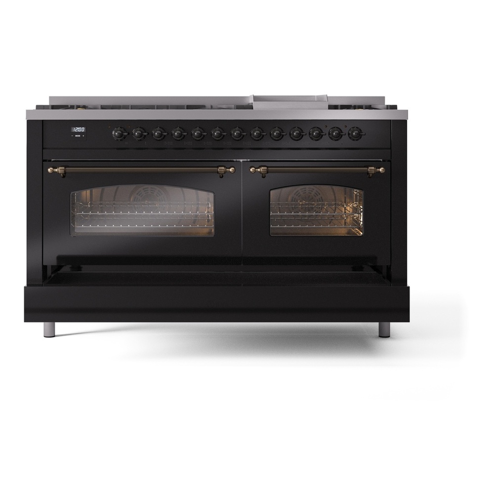 ILVE UP60FNMPBKB Nostalgie II 60 inch Dual Fuel Range with 5.8 cu. ft. Total Double Oven Capacity (9 Sealed Burners + Griddle, Natural Gas, Triple Glass Door, Glossy Black, Burnished) 9 ILVE UP60FNMPBKB Nostalgie II 60" Dual Fuel Range, drawer opened