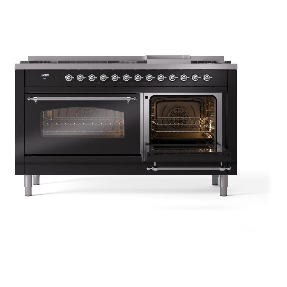 ILVE UP60FNMPBKCLP Nostalgie II 60 inch Dual Fuel Range with 5.8 cu. ft. Total Double Oven Capacity (9 Sealed Burners + Griddle, Liquid Propane, Triple Glass Door, Glossy Black, Chrome) 8 ILVE UP60FNMPBKCLP Nostalgie II 60" Dual Fuel Range, side oven door opened
