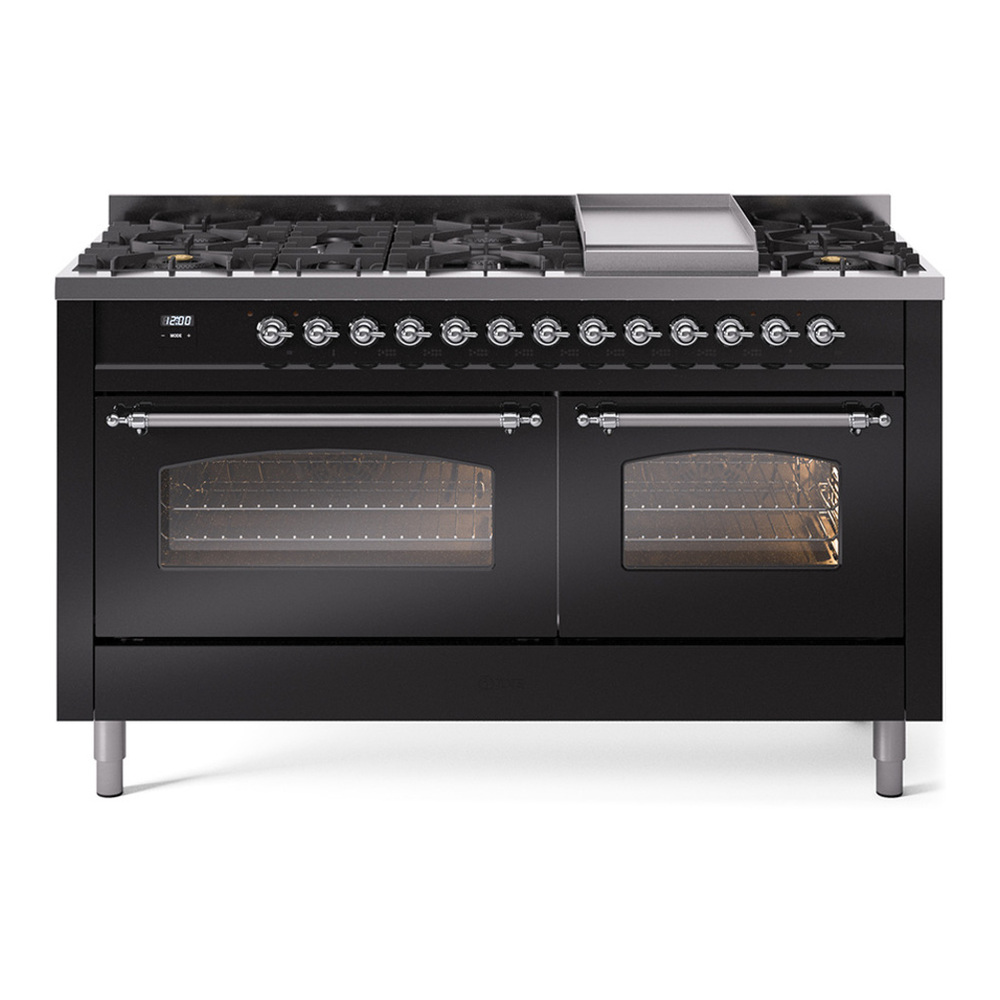 ILVE UP60FNMPBKC Nostalgie II 60 inch Dual Fuel Range with 5.8 cu. ft. Total Double Oven Capacity (9 Sealed Burners + Griddle, Natural Gas, Triple Glass Door, Glossy Black, Chrome) 1 UP60FNMPBKC