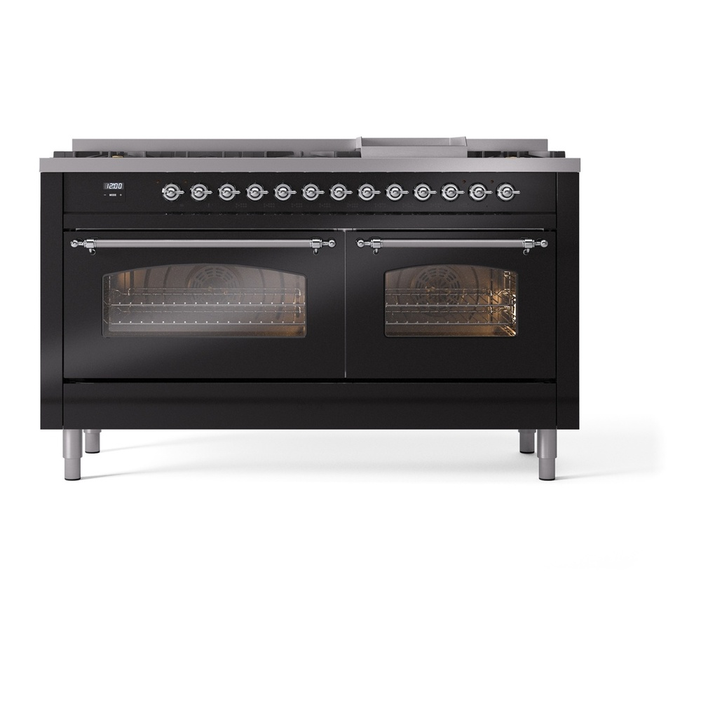 ILVE UP60FNMPBKC Nostalgie II 60 inch Dual Fuel Range with 5.8 cu. ft. Total Double Oven Capacity (9 Sealed Burners + Griddle, Natural Gas, Triple Glass Door, Glossy Black, Chrome) 5 ILVE UP60FNMPBKC Nostalgie II 60" Dual Fuel Range, front view