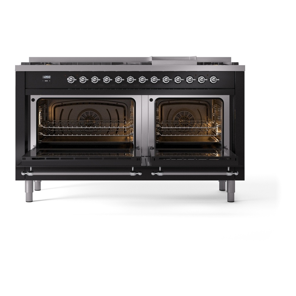 ILVE UP60FNMPBKC Nostalgie II 60 inch Dual Fuel Range with 5.8 cu. ft. Total Double Oven Capacity (9 Sealed Burners + Griddle, Natural Gas, Triple Glass Door, Glossy Black, Chrome) 6 ILVE UP60FNMPBKC Nostalgie II 60" Dual Fuel Range, oven doors opened