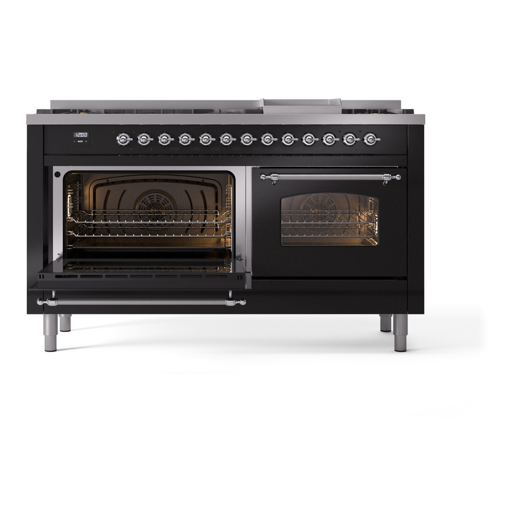 ILVE UP60FNMPBKC Nostalgie II 60 inch Dual Fuel Range with 5.8 cu. ft. Total Double Oven Capacity (9 Sealed Burners + Griddle, Natural Gas, Triple Glass Door, Glossy Black, Chrome) 7 ILVE UP60FNMPBKC Nostalgie II 60" Dual Fuel Range, main oven door opened