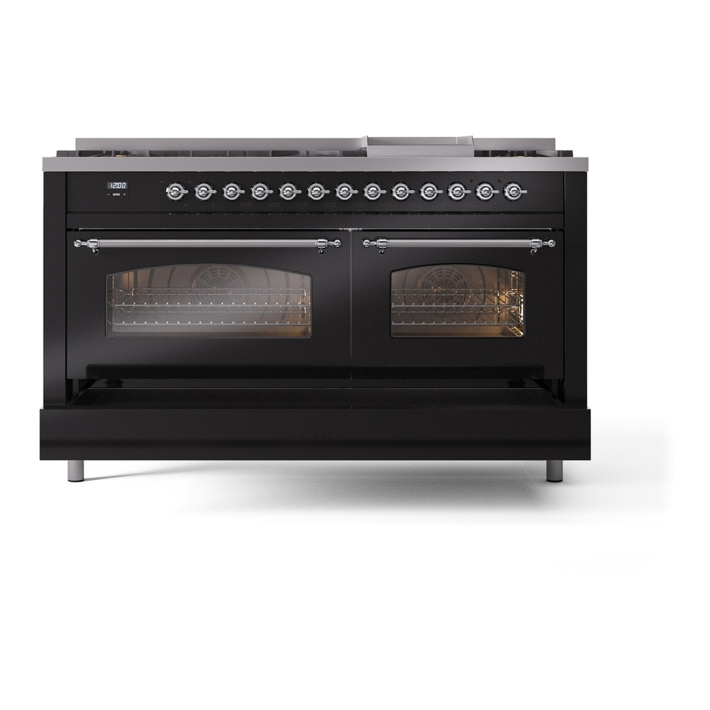 ILVE UP60FNMPBKC Nostalgie II 60 inch Dual Fuel Range with 5.8 cu. ft. Total Double Oven Capacity (9 Sealed Burners + Griddle, Natural Gas, Triple Glass Door, Glossy Black, Chrome) 9 ILVE UP60FNMPBKC Nostalgie II 60" Dual Fuel Range, drawer opened