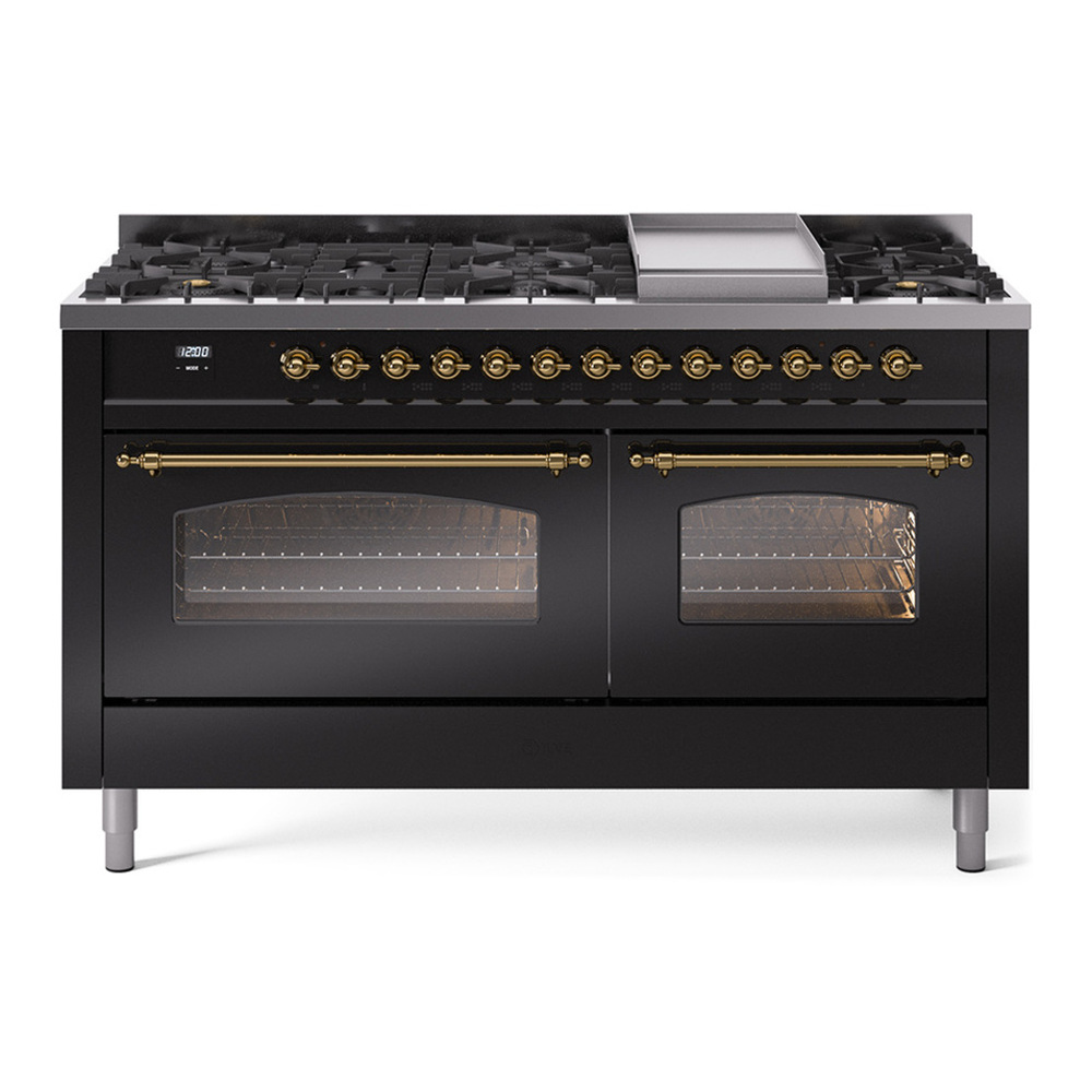 ILVE UP60FNMPBKGLP Nostalgie II 60 inch Dual Fuel Range with 5.8 cu. ft. Total Double Oven Capacity (9 Sealed Burners + Griddle, Liquid Propane, Triple Glass Door, Glossy Black, Brass) 1 UP60FNMPBKGLP
