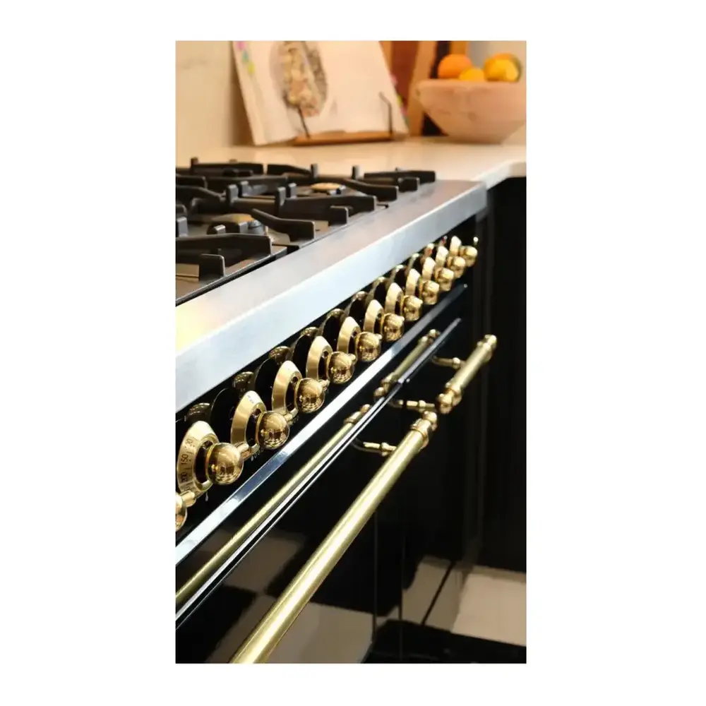 ILVE UP60FNMPBKGLP Nostalgie II 60 inch Dual Fuel Range with 5.8 cu. ft. Total Double Oven Capacity (9 Sealed Burners + Griddle, Liquid Propane, Triple Glass Door, Glossy Black, Brass) 2 ILVE UP60F Nostalgie II 60 inch Dual Fuel Range