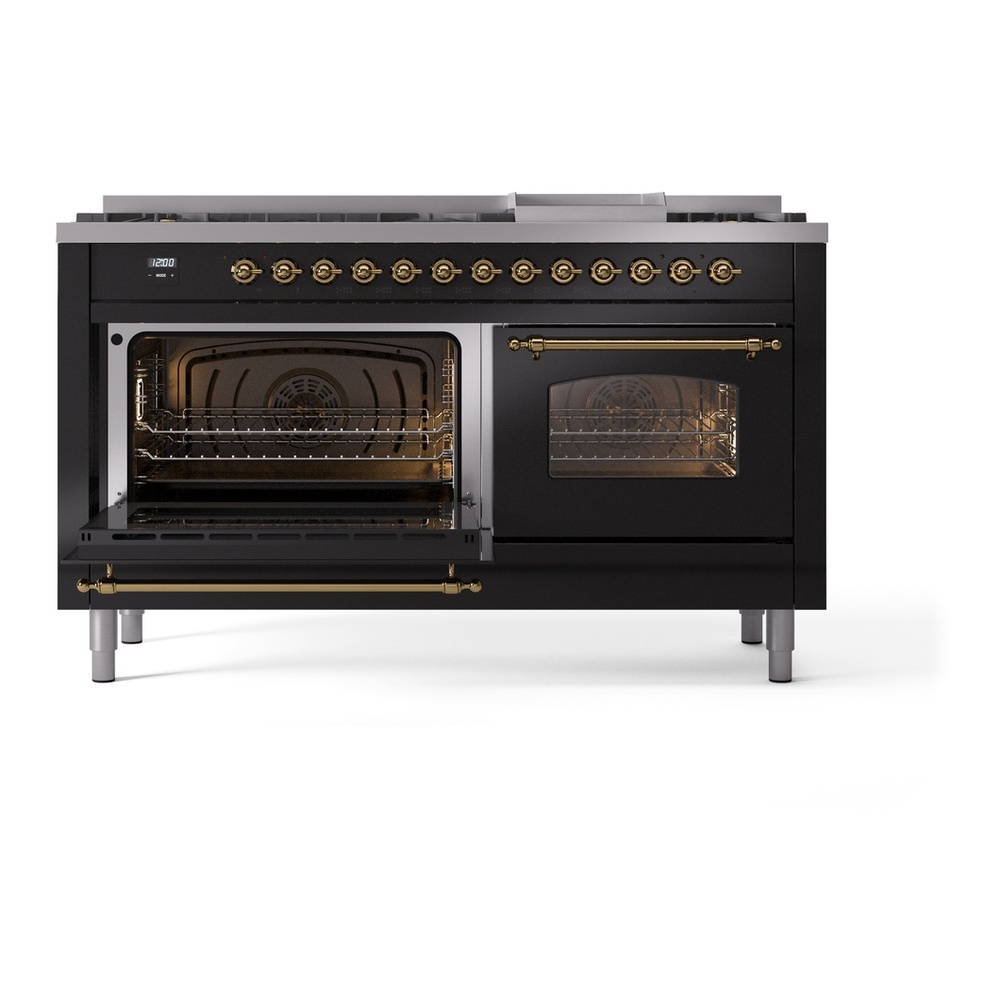 ILVE UP60FNMPBKGLP Nostalgie II 60 inch Dual Fuel Range with 5.8 cu. ft. Total Double Oven Capacity (9 Sealed Burners + Griddle, Liquid Propane, Triple Glass Door, Glossy Black, Brass) 8 ILVE UP60FNMPBKGLP Nostalgie II 60" Dual Fuel Range, main oven door opened