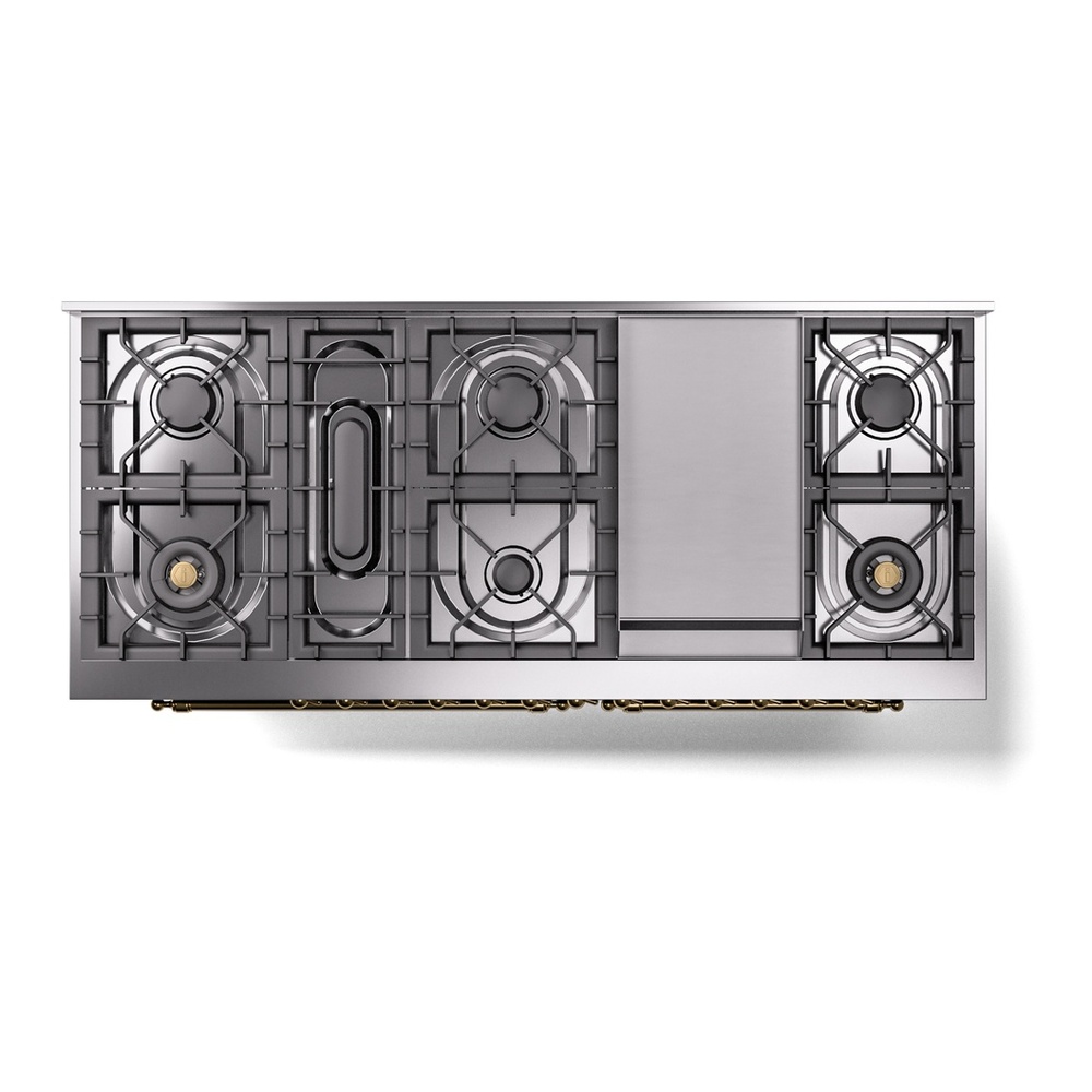 ILVE UP60FNMPBKGLP Nostalgie II 60 inch Dual Fuel Range with 5.8 cu. ft. Total Double Oven Capacity (9 Sealed Burners + Griddle, Liquid Propane, Triple Glass Door, Glossy Black, Brass) 12 ILVE UP60FNMPBKGLP Nostalgie II 60" Dual Fuel Range, top view