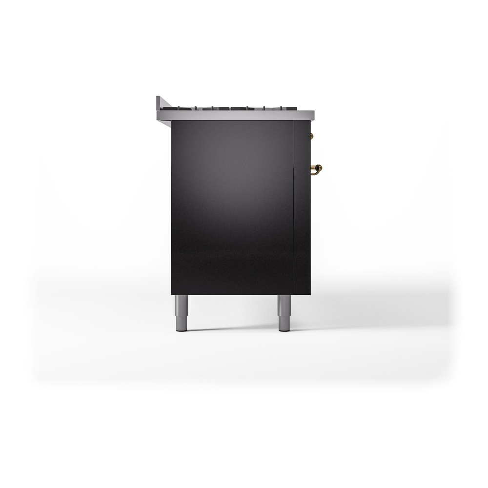 ILVE UP60FNMPBKGLP Nostalgie II 60 inch Dual Fuel Range with 5.8 cu. ft. Total Double Oven Capacity (9 Sealed Burners + Griddle, Liquid Propane, Triple Glass Door, Glossy Black, Brass) 13 ILVE UP60FNMPBKGLP Nostalgie II 60" Dual Fuel Range, left side view