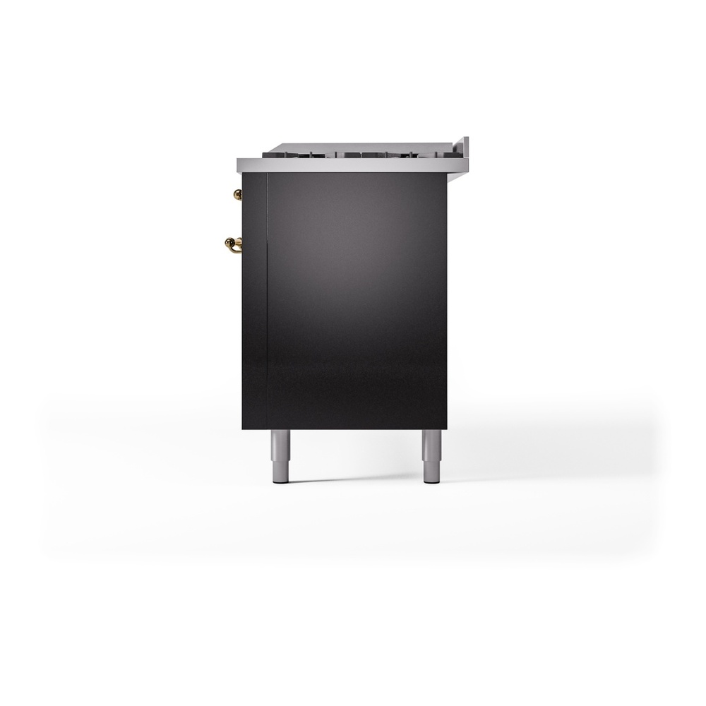 ILVE UP60FNMPBKGLP Nostalgie II 60 inch Dual Fuel Range with 5.8 cu. ft. Total Double Oven Capacity (9 Sealed Burners + Griddle, Liquid Propane, Triple Glass Door, Glossy Black, Brass) 14 ILVE UP60FNMPBKGLP Nostalgie II 60" Dual Fuel Range, right side view