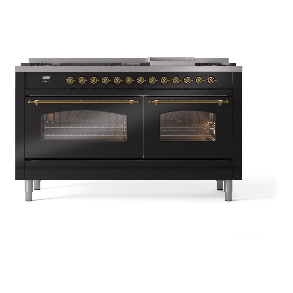ILVE UP60FNMPBKG Nostalgie II 60 inch Dual Fuel Range with 5.8 cu. ft. Total Double Oven Capacity (9 Sealed Burners + Griddle, Natural Gas, Triple Glass Door, Glossy Black, Brass) 6 ILVE UP60FNMPBKG Nostalgie II 60" Dual Fuel Range, front view