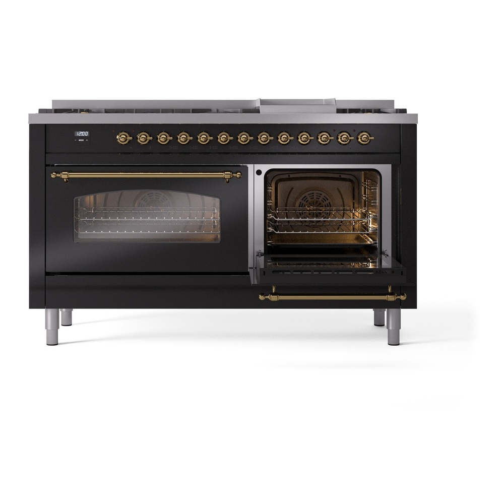 ILVE UP60FNMPBKG Nostalgie II 60 inch Dual Fuel Range with 5.8 cu. ft. Total Double Oven Capacity (9 Sealed Burners + Griddle, Natural Gas, Triple Glass Door, Glossy Black, Brass) 9 ILVE UP60FNMPBKG Nostalgie II 60" Dual Fuel Range, side oven door opened