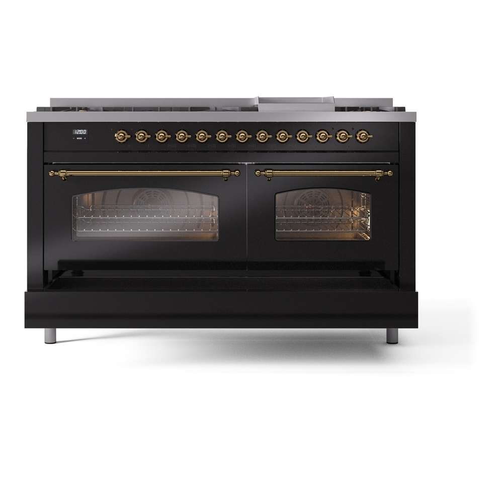 ILVE UP60FNMPBKG Nostalgie II 60 inch Dual Fuel Range with 5.8 cu. ft. Total Double Oven Capacity (9 Sealed Burners + Griddle, Natural Gas, Triple Glass Door, Glossy Black, Brass) 10 ILVE UP60FNMPBKG Nostalgie II 60" Dual Fuel Range, drawer opened