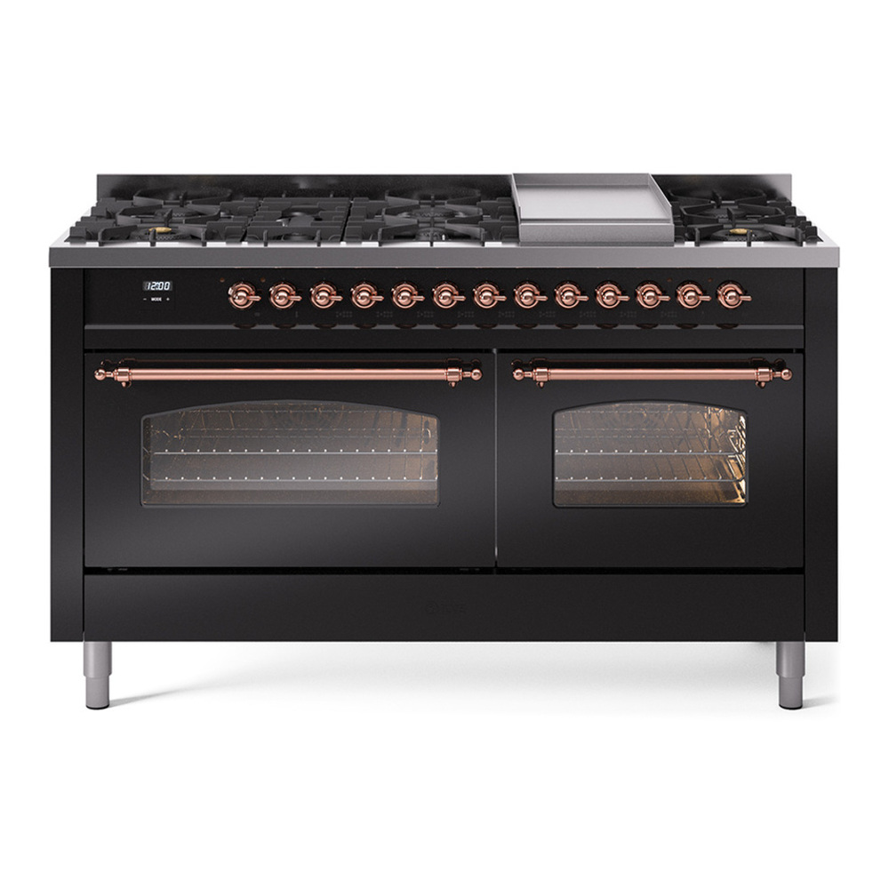 ILVE UP60FNMPBKPLP Nostalgie II 60 inch Dual Fuel Range with 5.8 cu. ft. Total Double Oven Capacity (9 Sealed Burners + Griddle, Liquid Propane, Triple Glass Door, Glossy Black, Copper) 1 UP60FNMPBKPLP