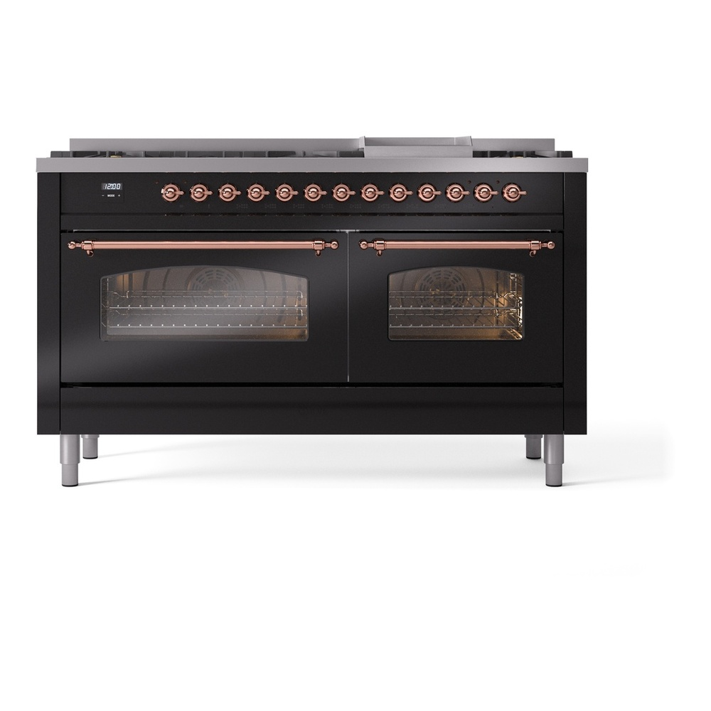 ILVE UP60FNMPBKPLP Nostalgie II 60 inch Dual Fuel Range with 5.8 cu. ft. Total Double Oven Capacity (9 Sealed Burners + Griddle, Liquid Propane, Triple Glass Door, Glossy Black, Copper) 5 ILVE UP60FNMPBKPLP Nostalgie II 60" Dual Fuel Range, front view