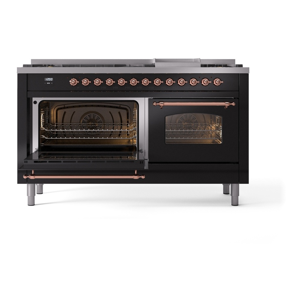 ILVE UP60FNMPBKPLP Nostalgie II 60 inch Dual Fuel Range with 5.8 cu. ft. Total Double Oven Capacity (9 Sealed Burners + Griddle, Liquid Propane, Triple Glass Door, Glossy Black, Copper) 7 ILVE UP60FNMPBKPLP Nostalgie II 60" Dual Fuel Range, main oven door opened