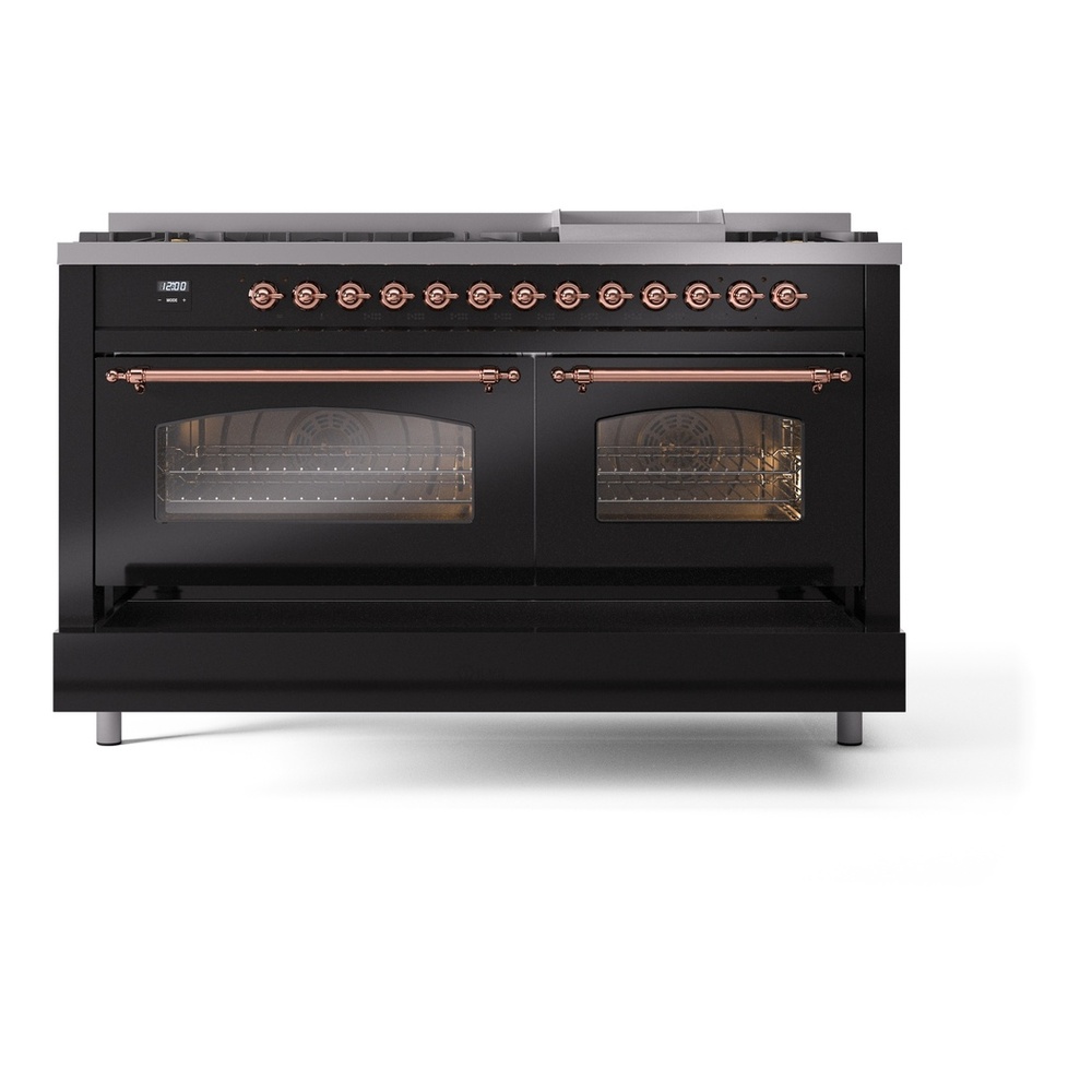 ILVE UP60FNMPBKPLP Nostalgie II 60 inch Dual Fuel Range with 5.8 cu. ft. Total Double Oven Capacity (9 Sealed Burners + Griddle, Liquid Propane, Triple Glass Door, Glossy Black, Copper) 9 ILVE UP60FNMPBKPLP Nostalgie II 60" Dual Fuel Range, drawer opened