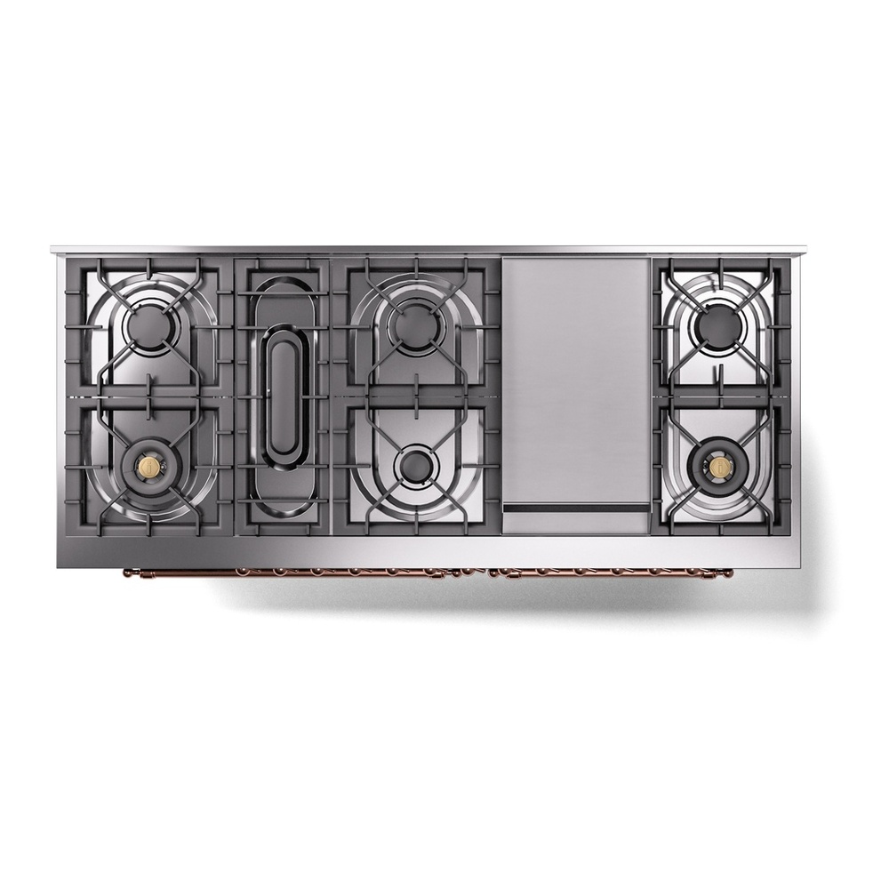 ILVE UP60FNMPBKPLP Nostalgie II 60 inch Dual Fuel Range with 5.8 cu. ft. Total Double Oven Capacity (9 Sealed Burners + Griddle, Liquid Propane, Triple Glass Door, Glossy Black, Copper) 11 ILVE UP60FNMPBKPLP Nostalgie II 60" Dual Fuel Range, top view