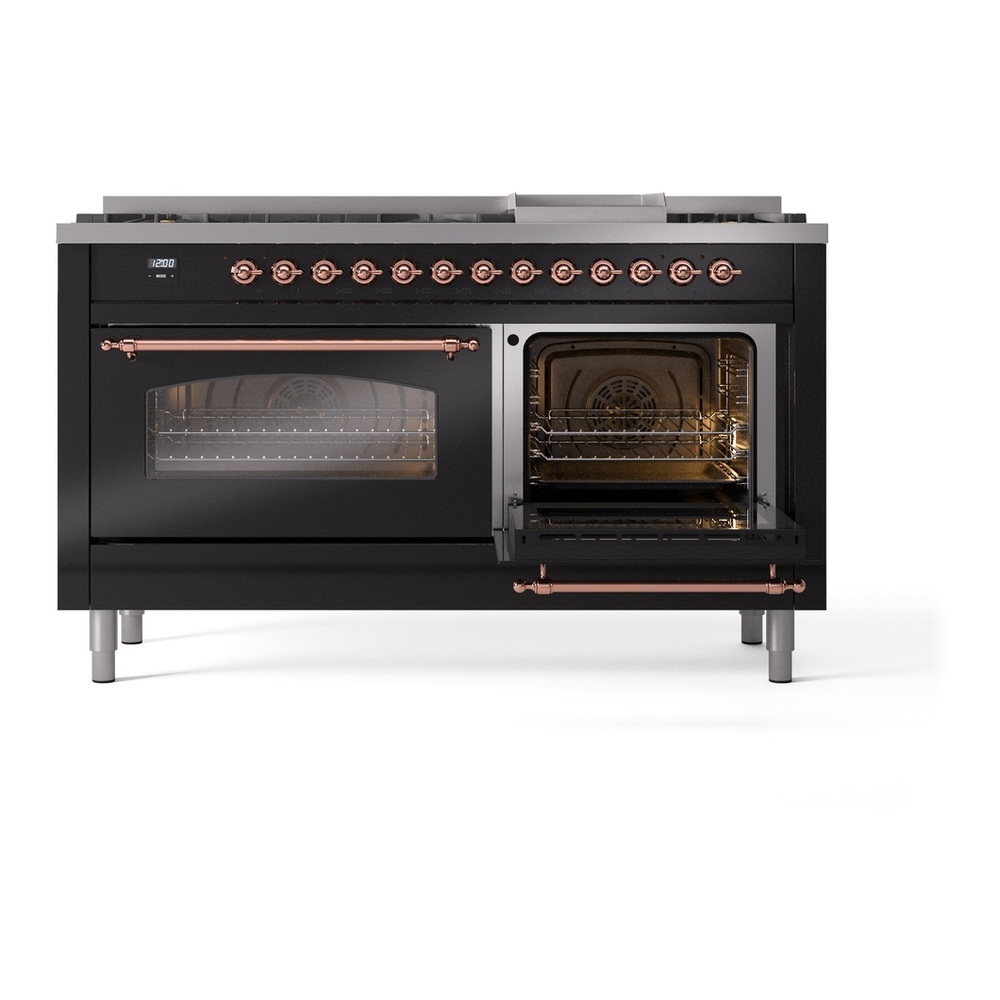 ILVE UP60FNMPBKP Nostalgie II 60 inch Dual Fuel Range with 5.8 cu. ft. Total Double Oven Capacity (9 Sealed Burners + Griddle, Natural Gas, Triple Glass Door, Glossy Black, Copper) 8 ILVE UP60FNMPBKP Nostalgie II 60" Dual Fuel Range, side oven door opened