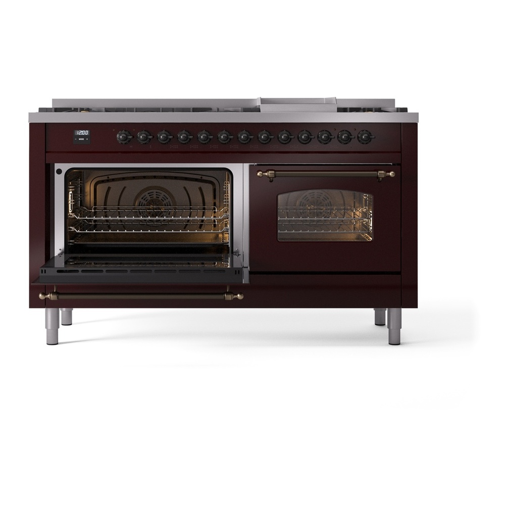 ILVE UP60FNMPBUBLP Nostalgie II 60 inch Dual Fuel Range with 5.8 cu. ft. Total Double Oven Capacity (9 Sealed Burners + Griddle, Liquid Propane, Triple Glass Door, Burgundy, Burnished) 7 ILVE UP60FNMPBUBLP Nostalgie II 60" Dual Fuel Range, main oven door opened