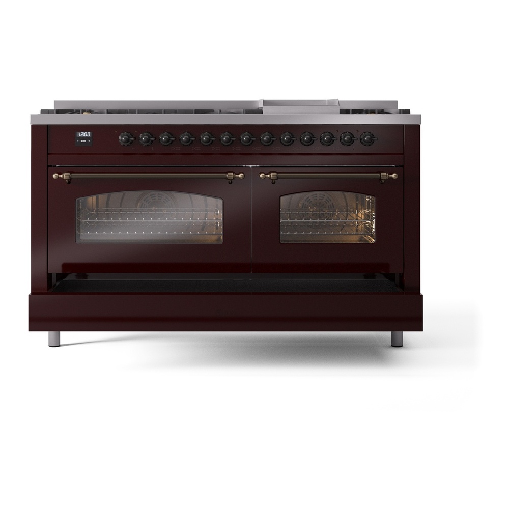 ILVE UP60FNMPBUBLP Nostalgie II 60 inch Dual Fuel Range with 5.8 cu. ft. Total Double Oven Capacity (9 Sealed Burners + Griddle, Liquid Propane, Triple Glass Door, Burgundy, Burnished) 9 ILVE UP60FNMPBUBLP Nostalgie II 60" Dual Fuel Range, drawer opened