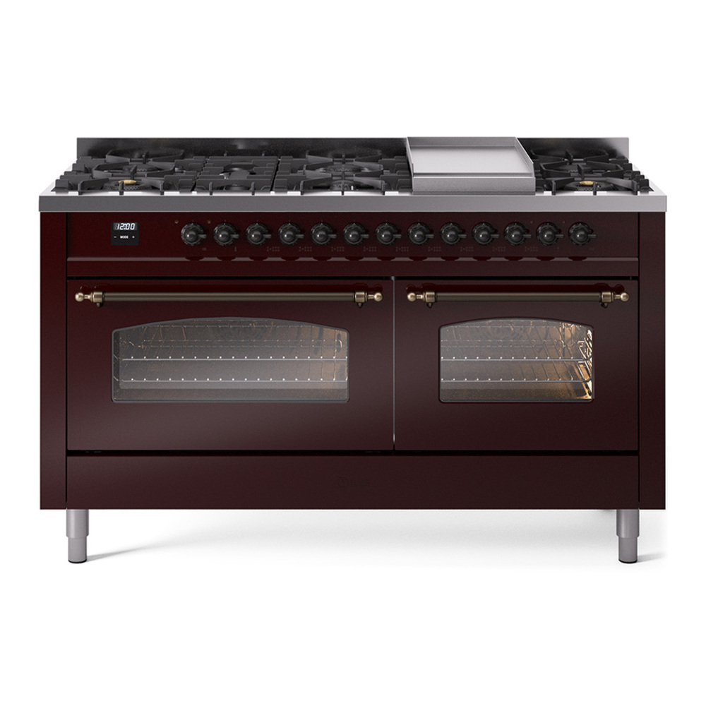ILVE UP60FNMPBUB Nostalgie II 60 inch Dual Fuel Range with 5.8 cu. ft. Total Double Oven Capacity (9 Sealed Burners + Griddle, Natural Gas, Triple Glass Door, Burgundy, Burnished) 1 UP60FNMPBUB