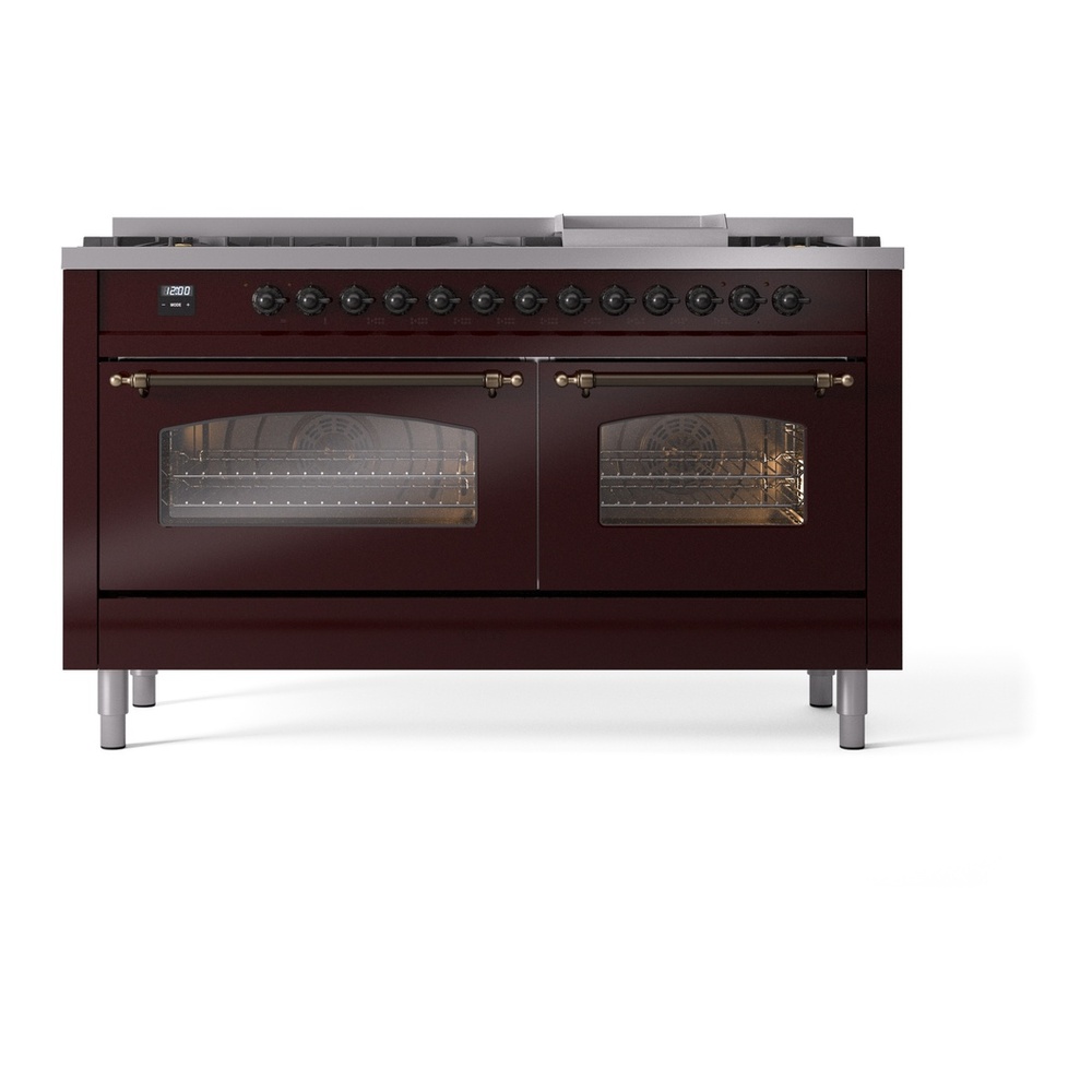 ILVE UP60FNMPBUB Nostalgie II 60 inch Dual Fuel Range with 5.8 cu. ft. Total Double Oven Capacity (9 Sealed Burners + Griddle, Natural Gas, Triple Glass Door, Burgundy, Burnished) 5 ILVE UP60FNMPBUB Nostalgie II 60" Dual Fuel Range, front view