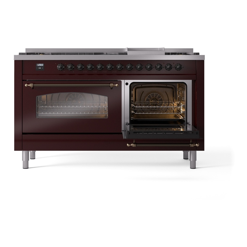 ILVE UP60FNMPBUB Nostalgie II 60 inch Dual Fuel Range with 5.8 cu. ft. Total Double Oven Capacity (9 Sealed Burners + Griddle, Natural Gas, Triple Glass Door, Burgundy, Burnished) 8 ILVE UP60FNMPBUB Nostalgie II 60" Dual Fuel Range, side oven door opened