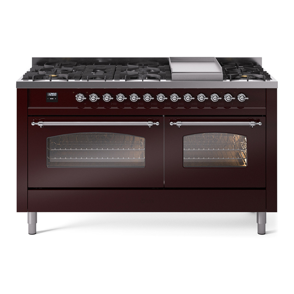 ILVE UP60FNMPBUCLP Nostalgie II 60 inch Dual Fuel Range with 5.8 cu. ft. Total Double Oven Capacity (9 Sealed Burners + Griddle, Liquid Propane, Triple Glass Door, Burgundy, Chrome) 1 UP60FNMPBUCLP