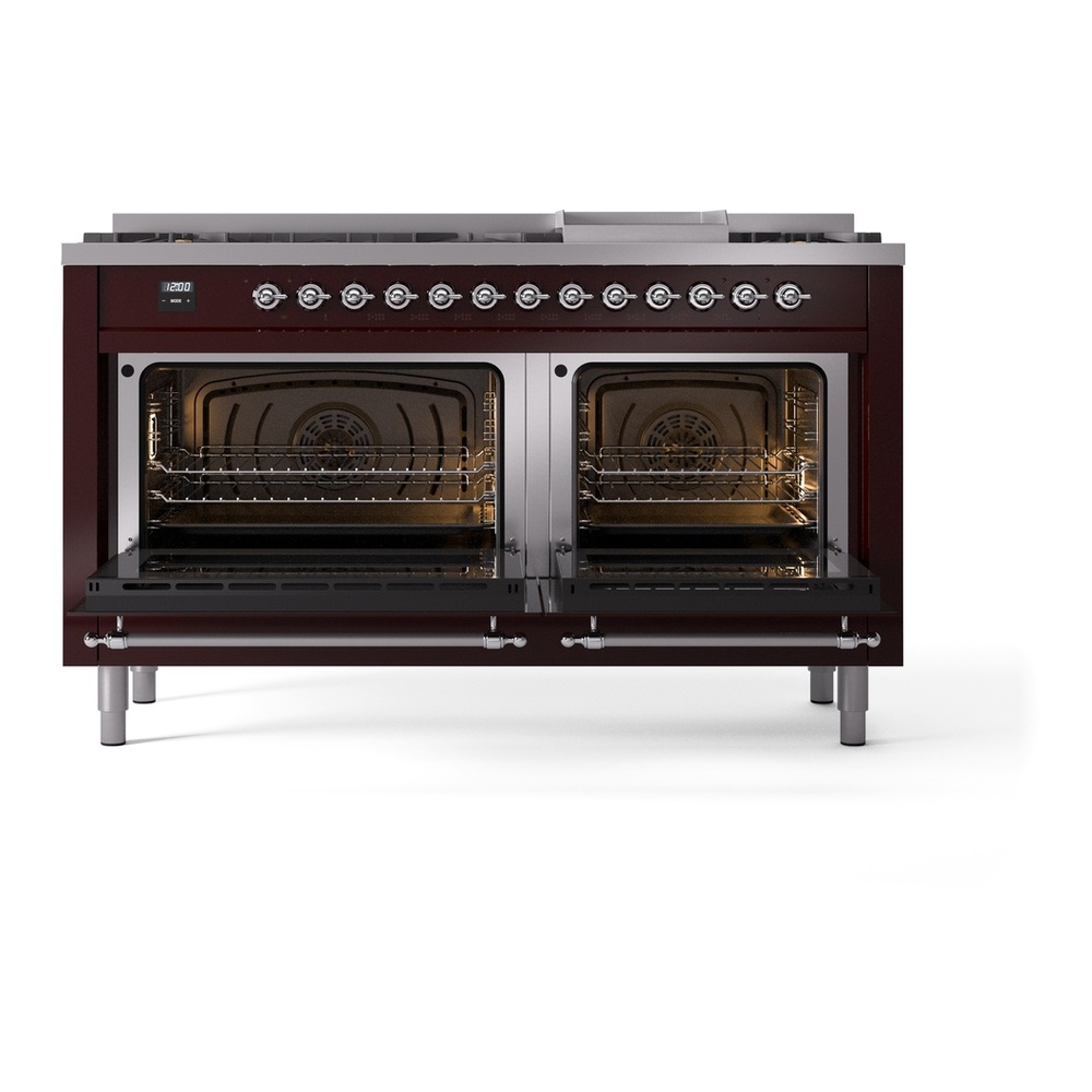 ILVE UP60FNMPBUCLP Nostalgie II 60 inch Dual Fuel Range with 5.8 cu. ft. Total Double Oven Capacity (9 Sealed Burners + Griddle, Liquid Propane, Triple Glass Door, Burgundy, Chrome) 6 ILVE UP60FNMPBUCLP Nostalgie II 60" Dual Fuel Range, oven doors opened