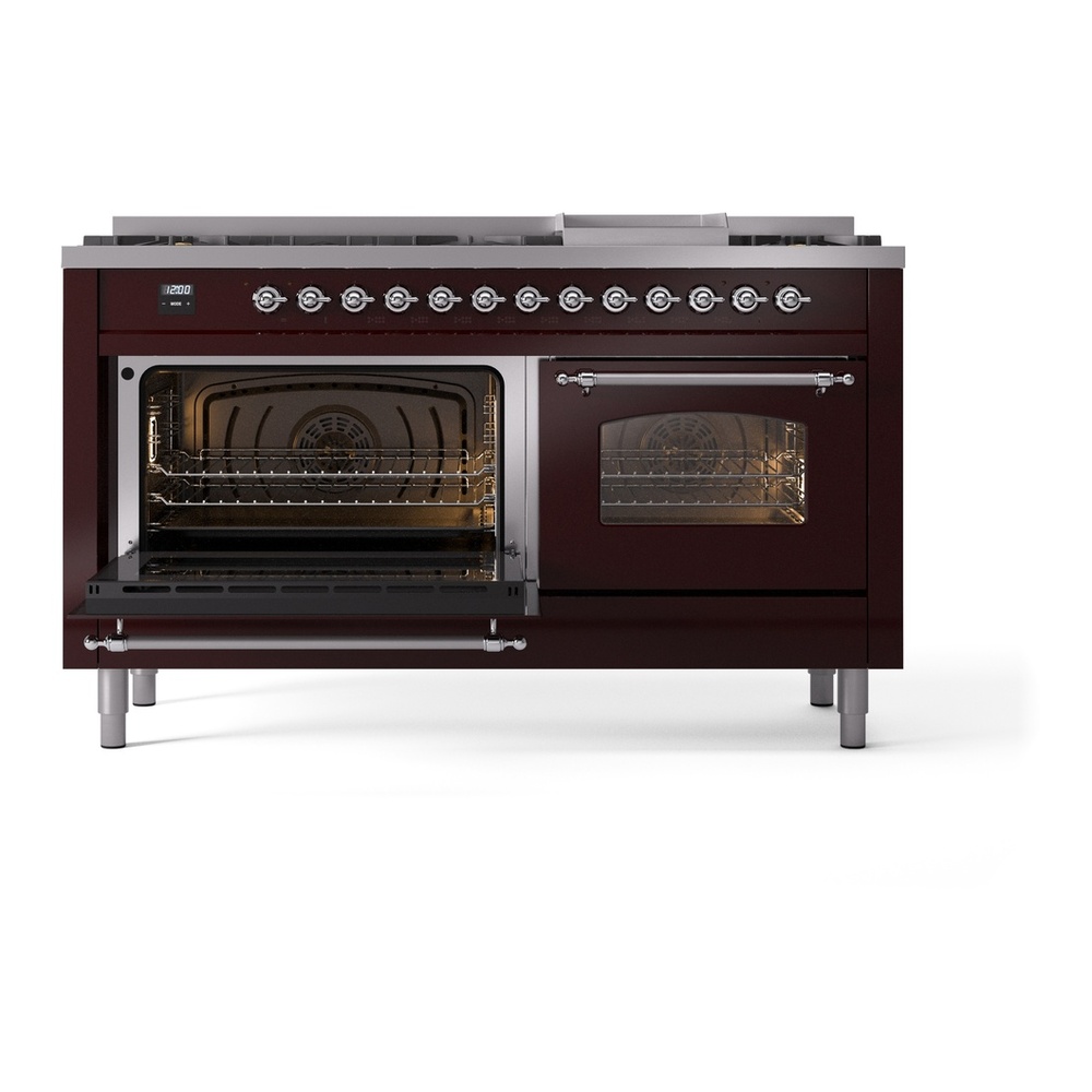 ILVE UP60FNMPBUCLP Nostalgie II 60 inch Dual Fuel Range with 5.8 cu. ft. Total Double Oven Capacity (9 Sealed Burners + Griddle, Liquid Propane, Triple Glass Door, Burgundy, Chrome) 7 ILVE UP60FNMPBUCLP Nostalgie II 60" Dual Fuel Range, main oven door opened