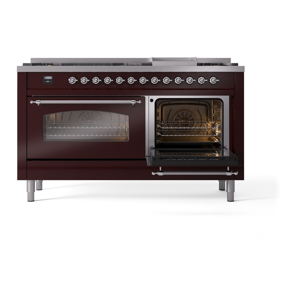 ILVE UP60FNMPBUCLP Nostalgie II 60 inch Dual Fuel Range with 5.8 cu. ft. Total Double Oven Capacity (9 Sealed Burners + Griddle, Liquid Propane, Triple Glass Door, Burgundy, Chrome) 8 ILVE UP60FNMPBUCLP Nostalgie II 60" Dual Fuel Range, side oven opened