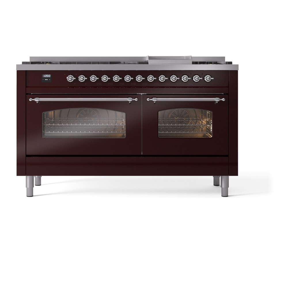 ILVE UP60FNMPBUC Nostalgie II 60 inch Dual Fuel Range with 5.8 cu. ft. Total Double Oven Capacity (9 Sealed Burners + Griddle, Natural Gas, Triple Glass Door, Burgundy, Chrome) 5 ILVE UP60FNMPBUC Nostalgie II 60" Dual Fuel Range, front view