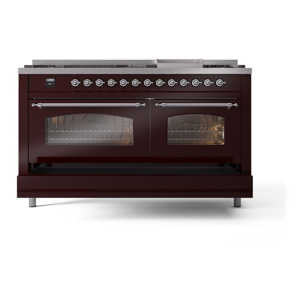ILVE UP60FNMPBUC Nostalgie II 60 inch Dual Fuel Range with 5.8 cu. ft. Total Double Oven Capacity (9 Sealed Burners + Griddle, Natural Gas, Triple Glass Door, Burgundy, Chrome) 9 ILVE UP60FNMPBUC Nostalgie II 60" Dual Fuel Range, drawer opened