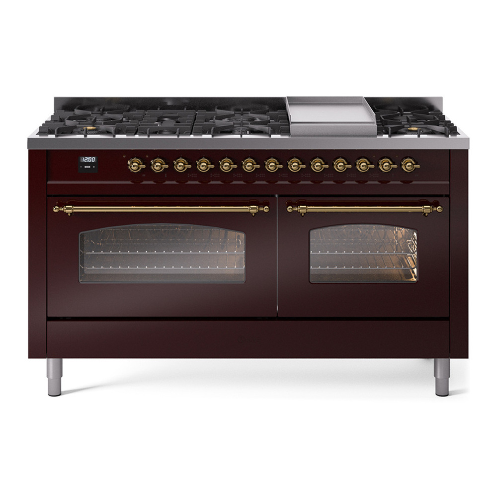 ILVE UP60FNMPBUG Nostalgie II 60 inch Dual Fuel Range with 5.8 cu. ft. Total Double Oven Capacity (9 Sealed Burners + Griddle, Natural Gas, Triple Glass Door, Burgundy, Brass) 1 UP60FNMPBUG