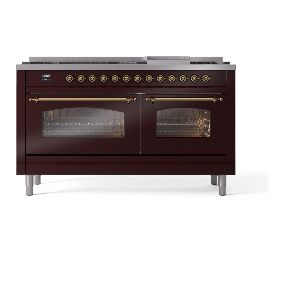 ILVE UP60FNMPBUG Nostalgie II 60 inch Dual Fuel Range with 5.8 cu. ft. Total Double Oven Capacity (9 Sealed Burners + Griddle, Natural Gas, Triple Glass Door, Burgundy, Brass) 5 ILVE UP60FNMPBUG Nostalgie II 60" Dual Fuel Range, front view