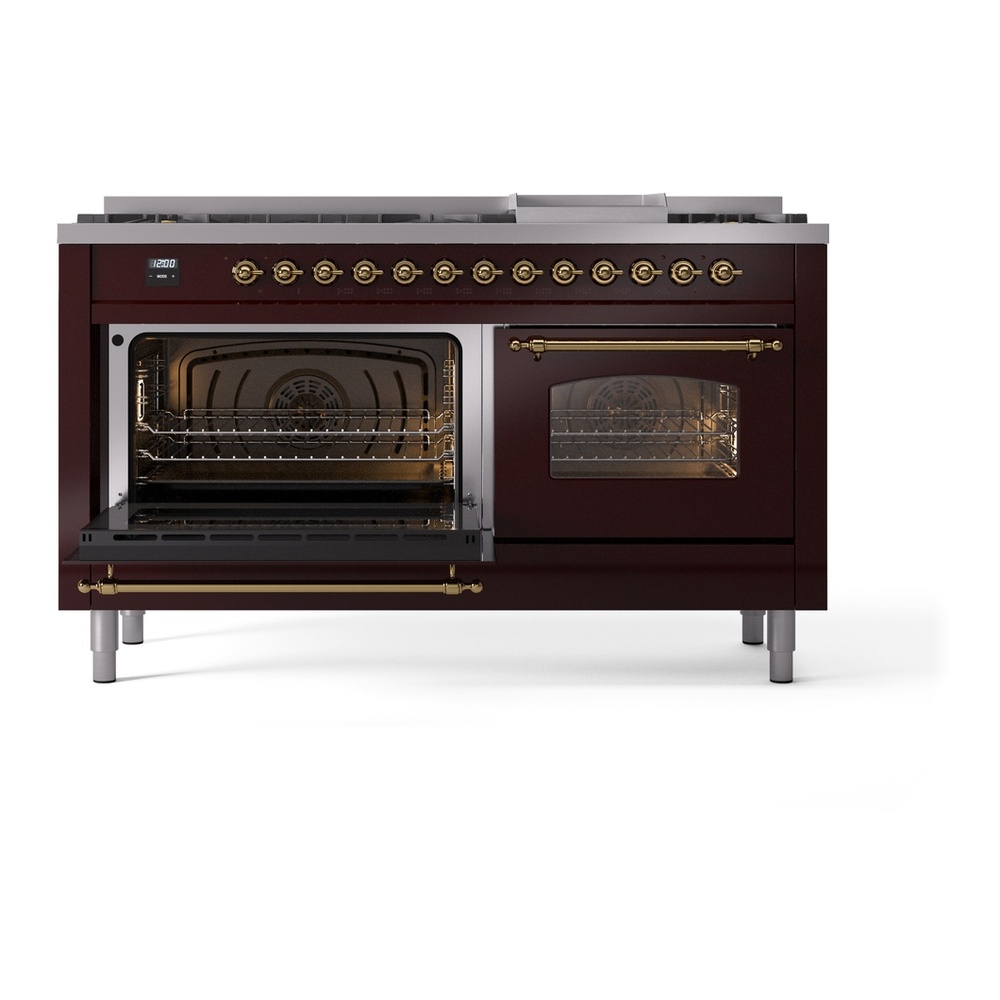 ILVE UP60FNMPBUG Nostalgie II 60 inch Dual Fuel Range with 5.8 cu. ft. Total Double Oven Capacity (9 Sealed Burners + Griddle, Natural Gas, Triple Glass Door, Burgundy, Brass) 7 ILVE UP60FNMPBUG Nostalgie II 60" Dual Fuel Range, main oven door opened