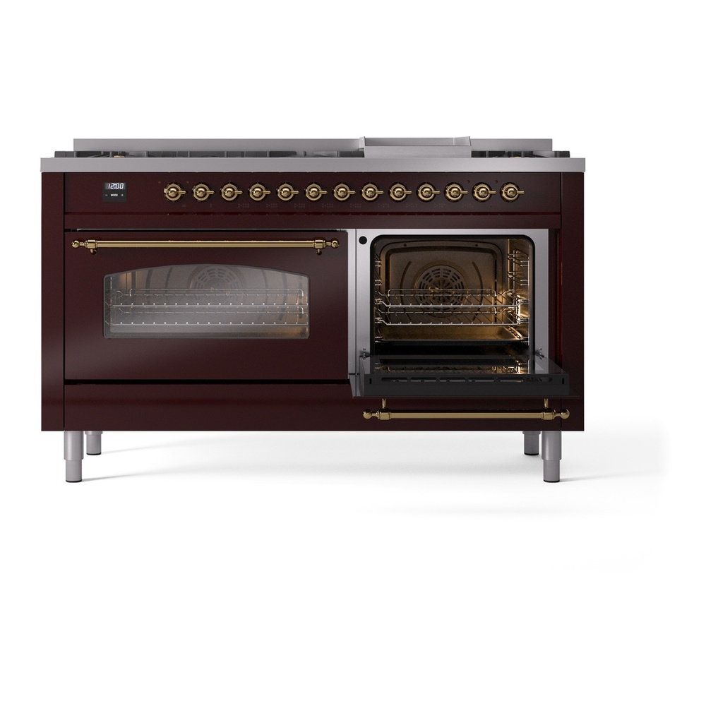 ILVE UP60FNMPBUG Nostalgie II 60 inch Dual Fuel Range with 5.8 cu. ft. Total Double Oven Capacity (9 Sealed Burners + Griddle, Natural Gas, Triple Glass Door, Burgundy, Brass) 8 ILVE UP60FNMPBUG Nostalgie II 60" Dual Fuel Range, side oven door opened