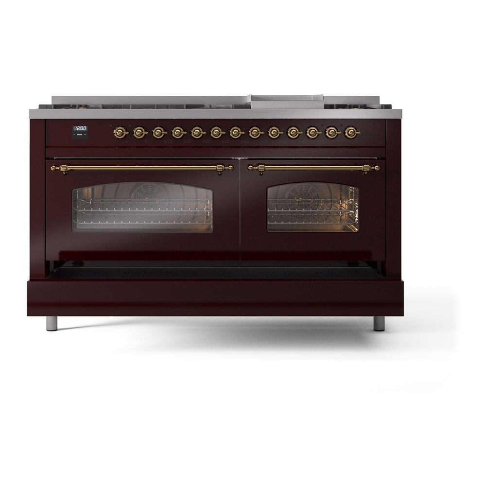ILVE UP60FNMPBUG Nostalgie II 60 inch Dual Fuel Range with 5.8 cu. ft. Total Double Oven Capacity (9 Sealed Burners + Griddle, Natural Gas, Triple Glass Door, Burgundy, Brass) 9 ILVE UP60FNMPBUG Nostalgie II 60" Dual Fuel Range, drawer opened